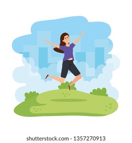 young woman celebrating in the park character
