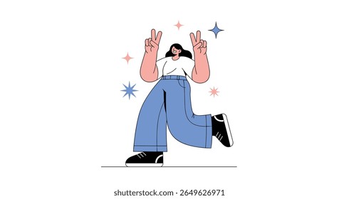 Young woman celebrating success with peace signs and sparkling stars in a fun artistic style