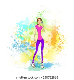young woman cell phone call over abstract paint colorful splash background vector illustration