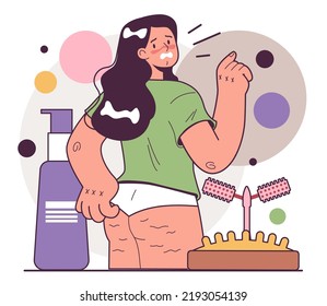 Young woman with cellulite on her thighs. Girl in underwear with skin problem on her leg. Overweight body. Age caused changes of body. Flat vector illustration