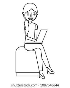 young woman in chair with laptop computer avatar character
