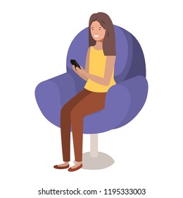 young woman in chair with smartphone avatar character