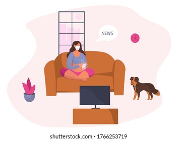 Young Woman Characte Sitting on Couch in Medical Mask Watching the Global or Fake News about Coronavirus on TV at Home.
Social Media Networking and Loudspeaker News.Flat Vector Illustration