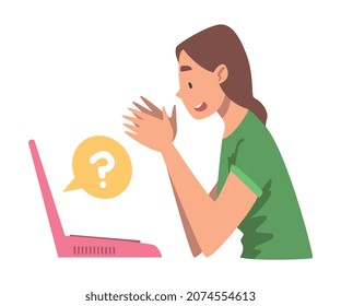 Young Woman Character Asking Question Using Internet Search System on Her Laptop Vector Illustration