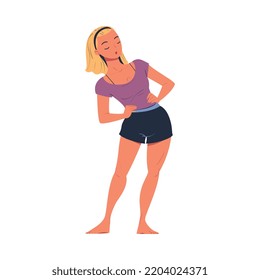 Young Woman Character Bending Sides Doing Sport at Home Vector Illustration