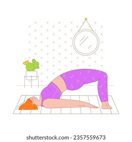 Young woman character in a bridge pose practicing yoga at home. Flat outlined colorful vector illustration. 