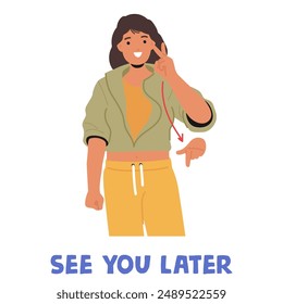 Young Woman Character In Casual Clothing Using American Sign Language To Say See You Later. Cartoon Vector Image Reflects Communication, Diversity, And Inclusivity With A Positive And Friendly Vibe