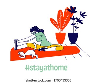 Young Woman Character with Cat Doing Stretching Exercises Staying at Home during Covid 19 Quarantine for Healthy Body. Fitness and Sports Activity, Gymnastics Workout. Linear Vector Illustration