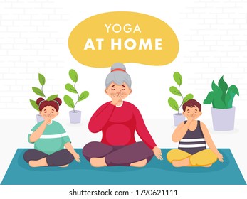 Young Woman Character With Children Doing Alternate Nostril Breathing Yoga At Home To Prevent From Coronavirus.