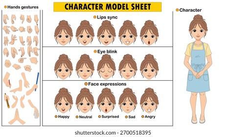Kit de Constructor de Personajes de Mujer Joven. Hoja de modelo femenina editable con emociones y Variantes de atuendo.