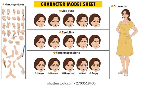 Kit de Constructor de Personajes de Mujer Joven. Hoja de modelo femenina editable con emociones y Variantes de atuendo.