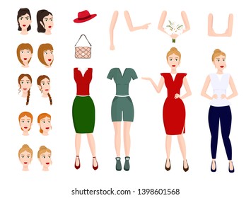 Young woman character constructor. Woman character template. Vector flat illustration