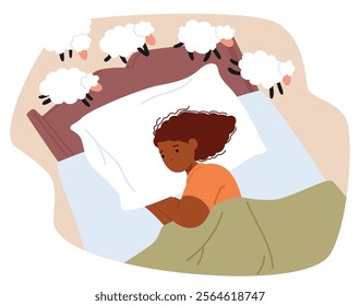 Young woman character counting sheep suffering from sleep disorder and insomnia due to stress in life cartoon scene. People sleeplessness deprivation psychological disorder vector illustration