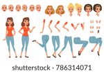 Young woman character creation set, girl with various views, faces, hairstyles, poses and gestures cartoon vector Illustrations