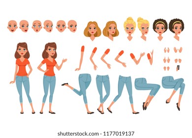 Young woman character creation set, girl with various views, faces, hairstyles, poses and gestures cartoon vector Illustrations