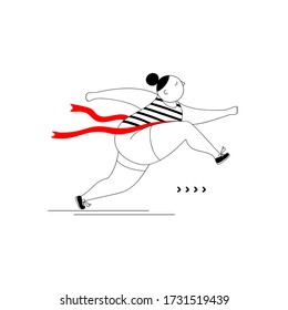 Young woman character cross finish line. Girl runner in shorts and t-shirt. Isolated flat vector