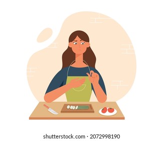 Young woman character cut her finger while slicing cucumber. Accident in home, kitchen. Household injury. Modern vector illustration cartoon flat style