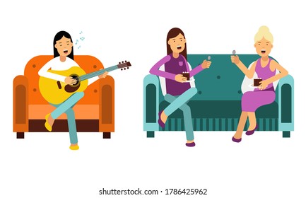 Young Woman Character Eating Cakes on Couch and Playing Guitar Vector Illustration Set