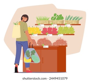 Personaje De Mujer Joven Con Un Bolso Eco Selecciona Cuidadosamente Productos Sostenibles En Una Tienda De Mercado, Dando Prioridad A Las Opciones Amigables Con El Medio Ambiente Para Sus Compras. Ilustración vectorial de Personas de dibujos animados