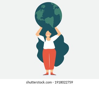 Young woman character embraces and holds the green planet. Flat girl cares the earth. Illustration of Earth day and energy saving planet card. Nature and environment protection concept. Vector style.