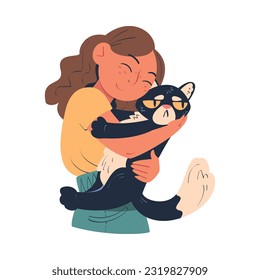 Young Woman Character Embracing Her Favorite Cat Pet with Grumpy Snout Vector Illustration