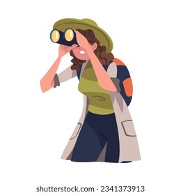 Young Woman Character Engaged in Local Tourism Wearing Backpack and Hiking Looking in Binocular Vector Illustration