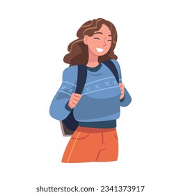 Young Woman Character Engaged in Local Tourism Wearing Backpack and Hiking Vector Illustration