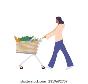 Young woman character enjoying grocery shopping pushing supermarket trolley cart filled food product