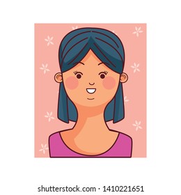 young woman character face cartoon  over pink floral frame vector illustration graphic design