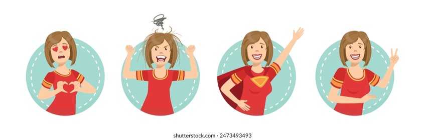 Young Woman Character Face Expression and Emotion Vector Set