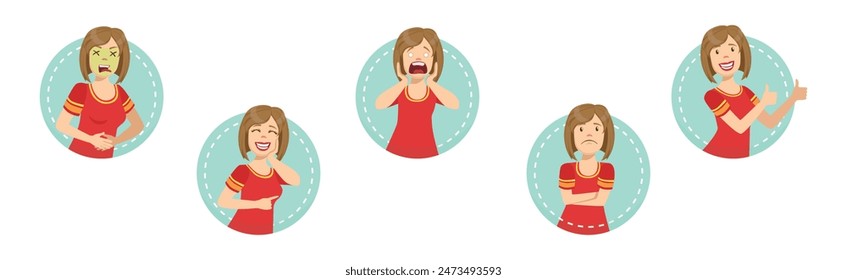 Young Woman Character Face Expression and Emotion Vector Set