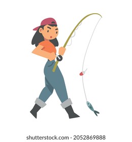 Young Woman Character in Fisherman Boots with Angling Rod Fishing Vector Illustration