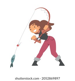 Young Woman Character in Fisherman Boots with Angling Rod Fishing Vector Illustration