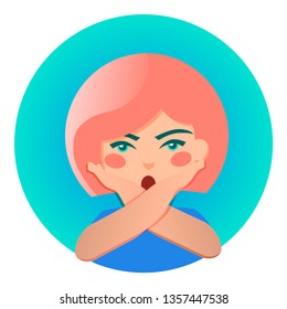 Young woman character, flat icon of emotional pretty girl with arms crossed. The concept for advertising character, avatar, profile picture.