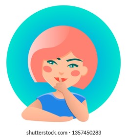 Young woman character, flat icon of emotional pretty flirting girl with index finger on lips. The concept for advertising character, avatar, profile picture.