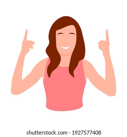 Young woman character flat style illustration isolated on white finger up gesture cheerful smiling face