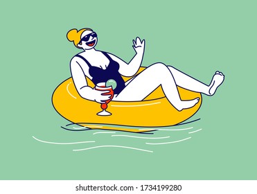 Young Woman Character Floating On Inflatable Ring Mattress Enjoying Summer Time Vacation Drinking Cocktail And Get Tan. Resort Or Hotel Relax In Swimming Pool, Ocean Or Sea. Linear Vector Illustration