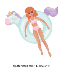 Young Woman Character Floating On Rubber Swim Tube Of Unicorn Shape In Swimming Pool Vector Illustration