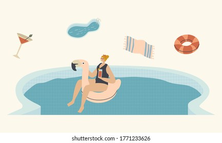 Young Woman Character Floating On Flamingo Inflatable Ring Mattress Enjoying Summer Time Vacation Drinking Cocktail And Get Tan. Resort Or Hotel Relax In Swimming Pool. Linear Vector Illustration