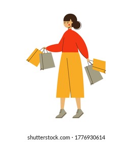 Young woman character, girl with shopping bags - Vector illustration isolated