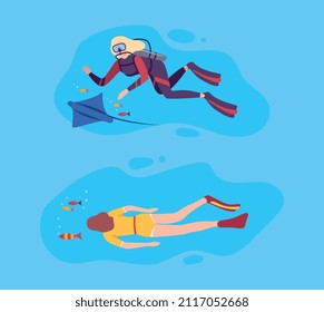 Young Woman Character in Goggles and Flippers Sea Diving and Floating Underwater Vector Set