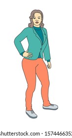 Young woman character with hand on hip. Vector illustration of beautiful adult female shape. Elegant businesswoman in cartoon style. Professional office worker - manager, secretary, teacher or adviser