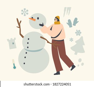 Young Woman Character Having Outdoors Fun Make Snowman at Winter Park. Wintertime Snow Games, Amusement and Relax. New Year and Christmas Holidays Spare Time Recreation. Linear Vector Illustration