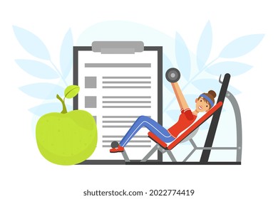 Young Woman Character with Headband and Sportswear on Gym Machine Lifting Dumbbell Vector Illustration
