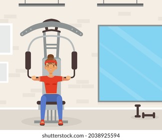 Young Woman Character with Headband and Sportswear on Gym Machine Vector Illustration