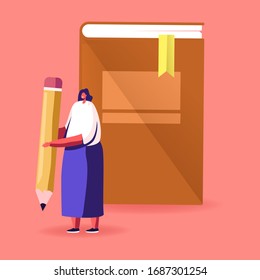 Young Woman Character Hold Pen front of Huge Book Prepare to Grammar Examination or Make Homework. Student Girl Read and Learn. Education in University or College Concept. Cartoon Vector Illustration