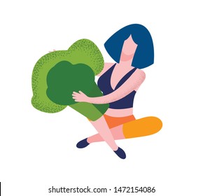 Young Woman Character Hold Piece of Huge Broccoli in Hands Isolated on White Background, Healthy Lifestyle and Organic Food Nutrition, Fresh Natural Vitamin Products, Cartoon Flat Vector Illustration