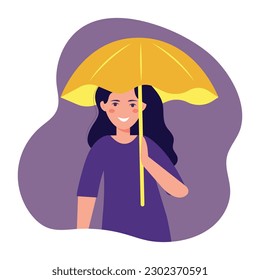 Young woman character hold umbrella under rain. Vector illustration on white background in cartoon style