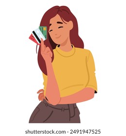 Personaje De Mujer Joven Que Sostiene Múltiples Tarjetas De Crédito Y Sonríe Con Confianza. Concepto De Independencia Financiera, Compras En Línea Y Comodidad Del Consumidor. Ilustración vectorial de Personas de dibujos animados