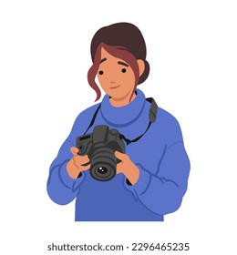 Young Woman Character Holding Photo Camera, Capturing Moments, Exploring Surroundings, Creating Memories, Focusing On Beauty, Expressing Creativity, Seeking Inspiration. Cartoon Vector Illustration
